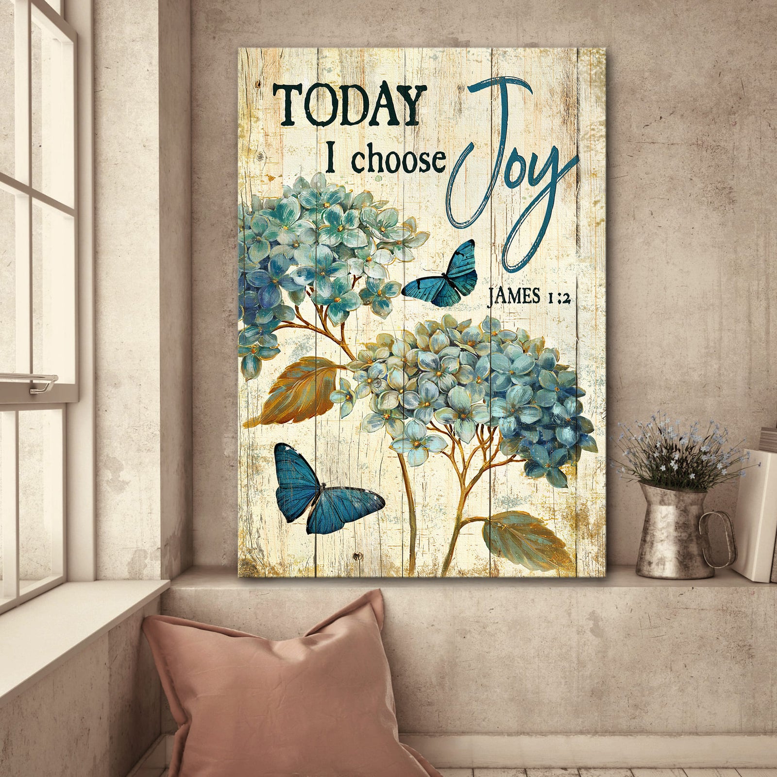 Hydrangea painting, Blue butterfly, Today I choose joy - Jesus Portrait Canvas Prints, Wall Art
