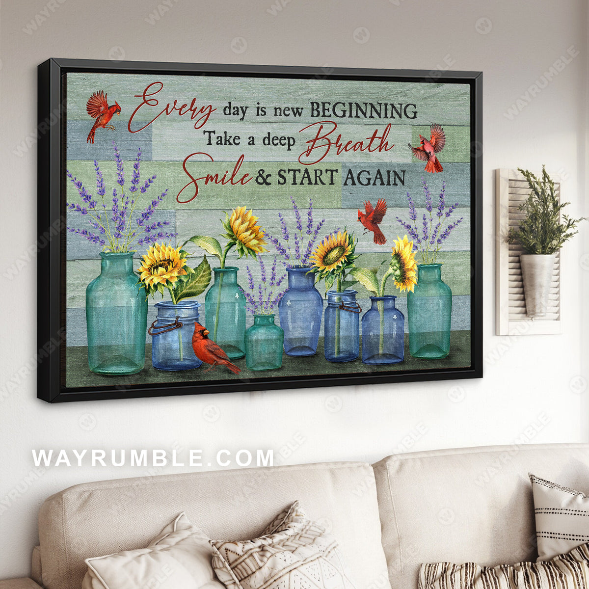 Red cardinal, Sunflower, Lavender, Glass bottle, Every day is a new beginning - Jesus Landscape Canvas Prints, Christian Wall Art
