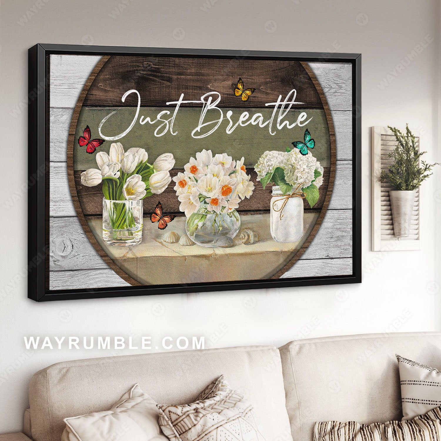 White flower painting, Colorful butterfly, Circle frame, Just breathe - Jesus Landscape Canvas Prints, Christian Wall Art