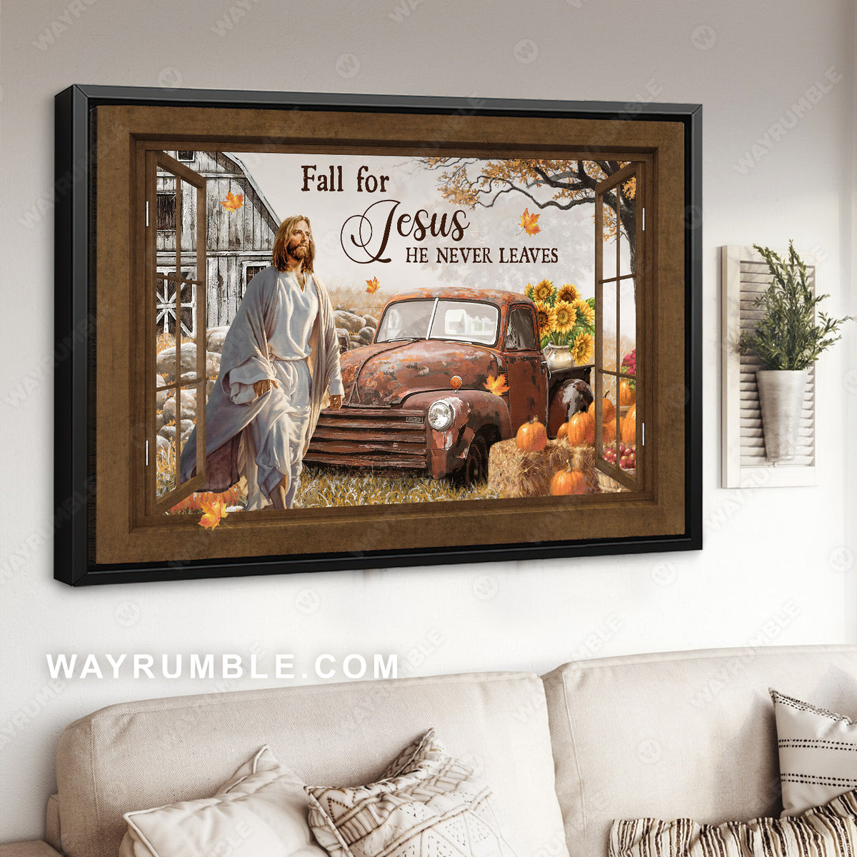 Walking with Jesus, Antique ladybug car, Pumpkin, Fall for Jesus - Jesus Landscape Canvas Prints, Home Decor Wall Art
