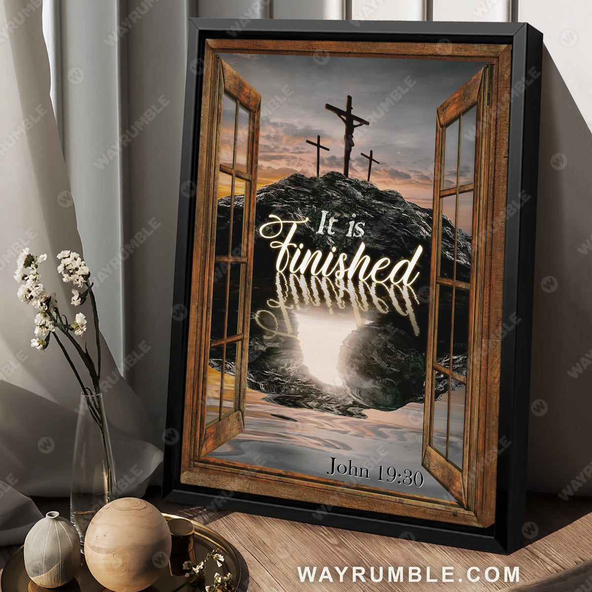 Black rock mountain, Wooden cross, Orange sunset, It is finished - Jesus Portrait Canvas Prints, Christian Wall Art