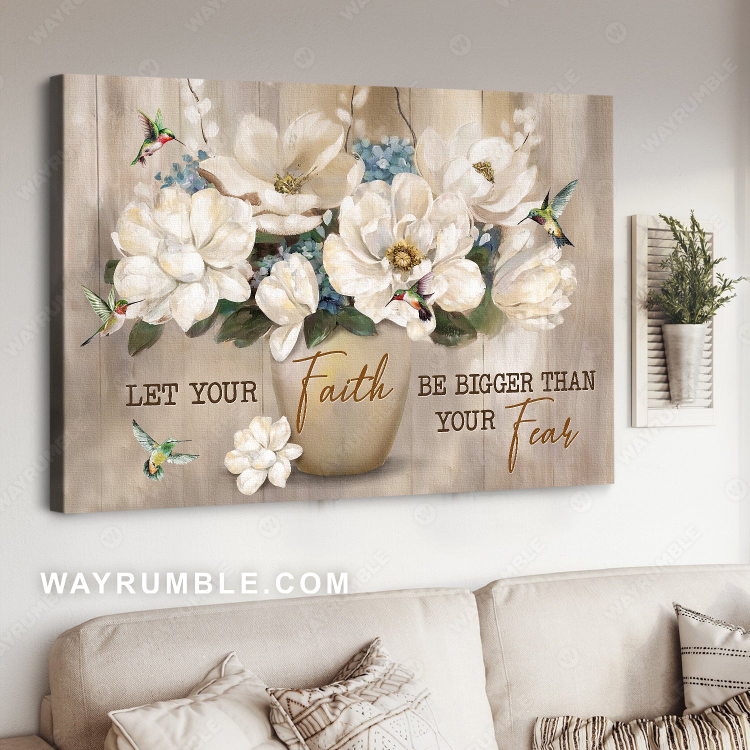 White flower, Pottery vase, Colorful hummingbird, Let your faith be bigger - Jesus Landscape Canvas Prints, Home Decor Wall Art