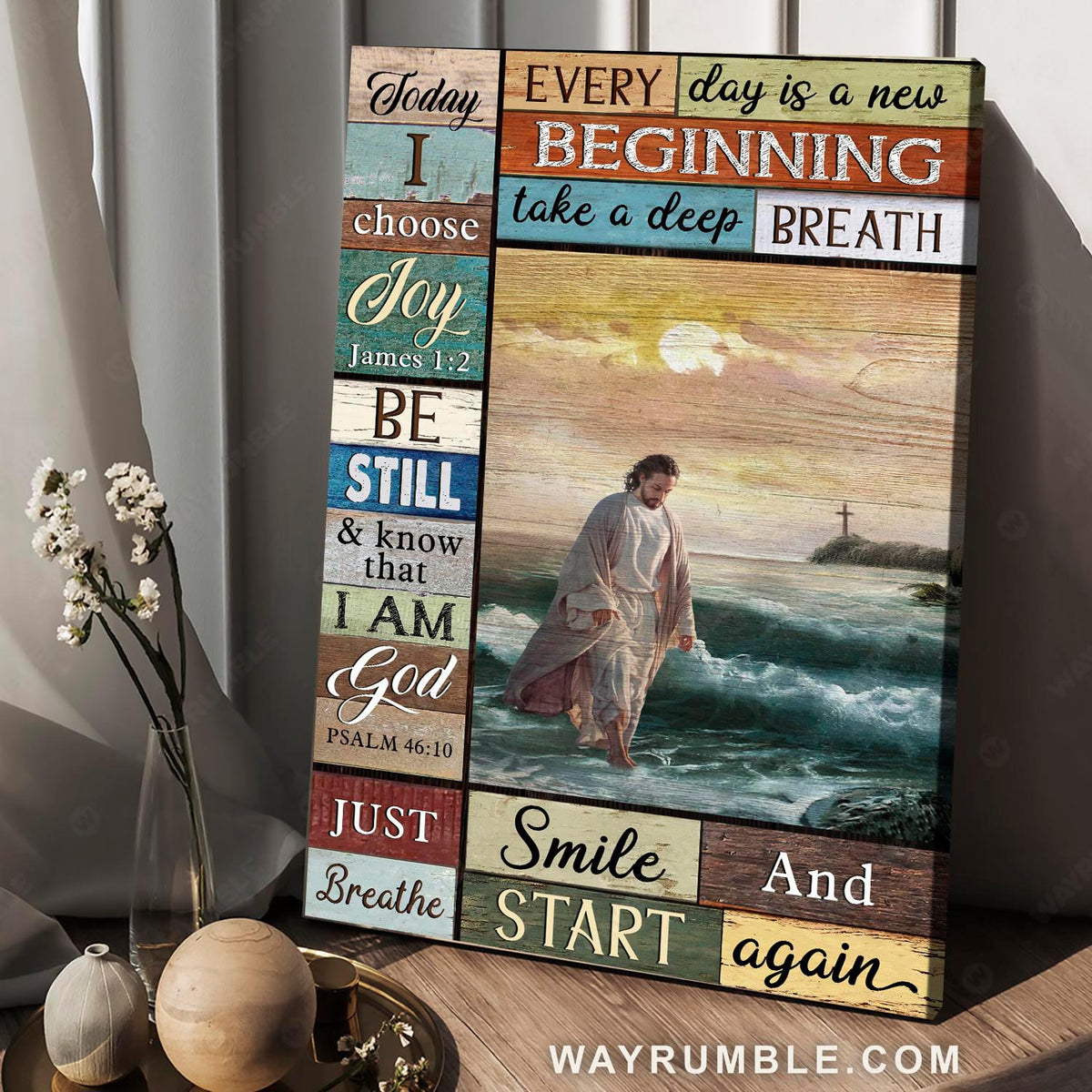 Jesus walking on water, Cross symbol, Blue beach, Jesus quotes - Jesus Portrait Canvas Prints, Christian Wall Art