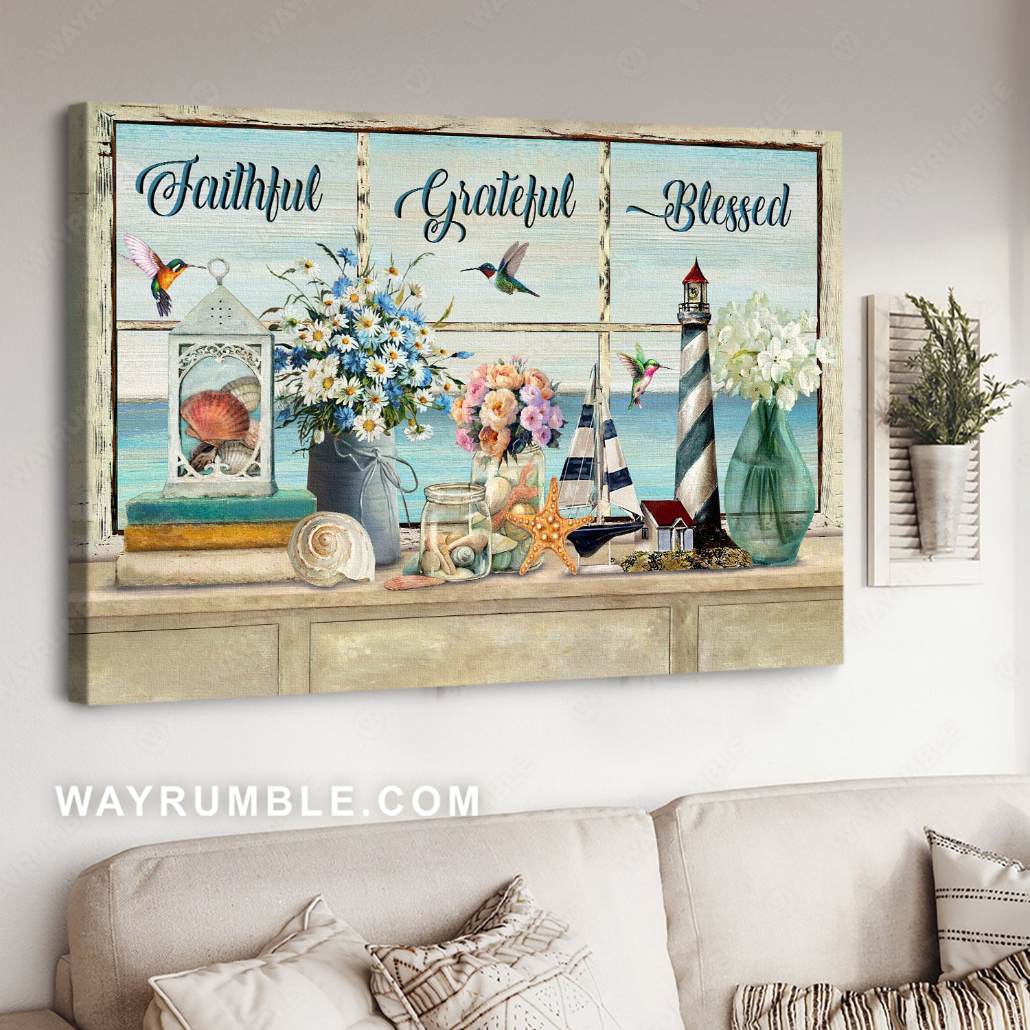 Flower vases, Colorful flowers, Seashells, Lighthouse, Faithful grateful blessed - Jesus Landscape Canvas Prints, Christian Wall Art