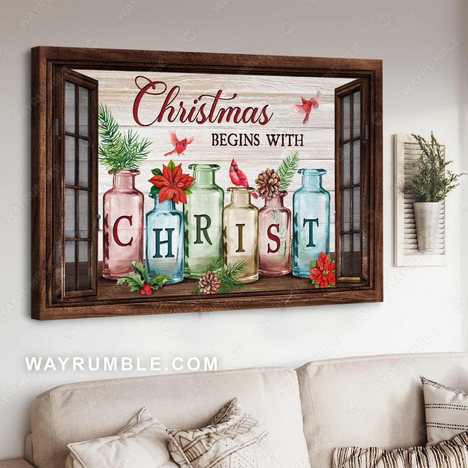 Christmas drawing, Colorful bottle, Red cardinal, Christmas begins with Christ - Jesus Landscape Canvas Prints, Home Decor Wall Art