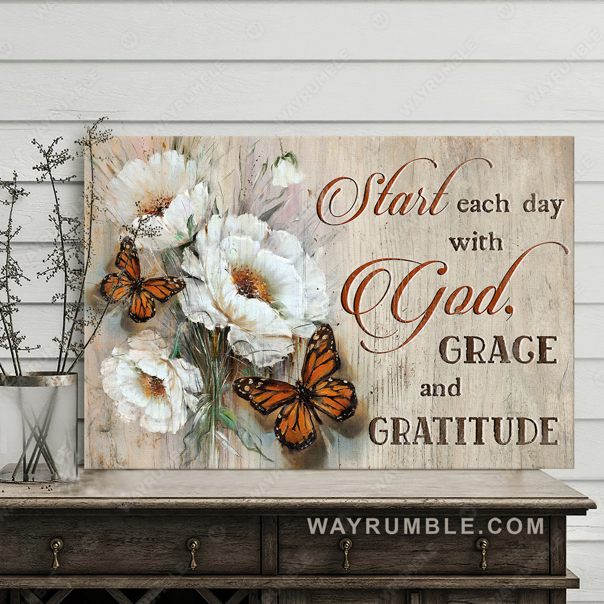 Pretty camellia flower, Monarch butterfly, Start each day with God - Jesus Landscape Canvas Prints, Christian Wall Art