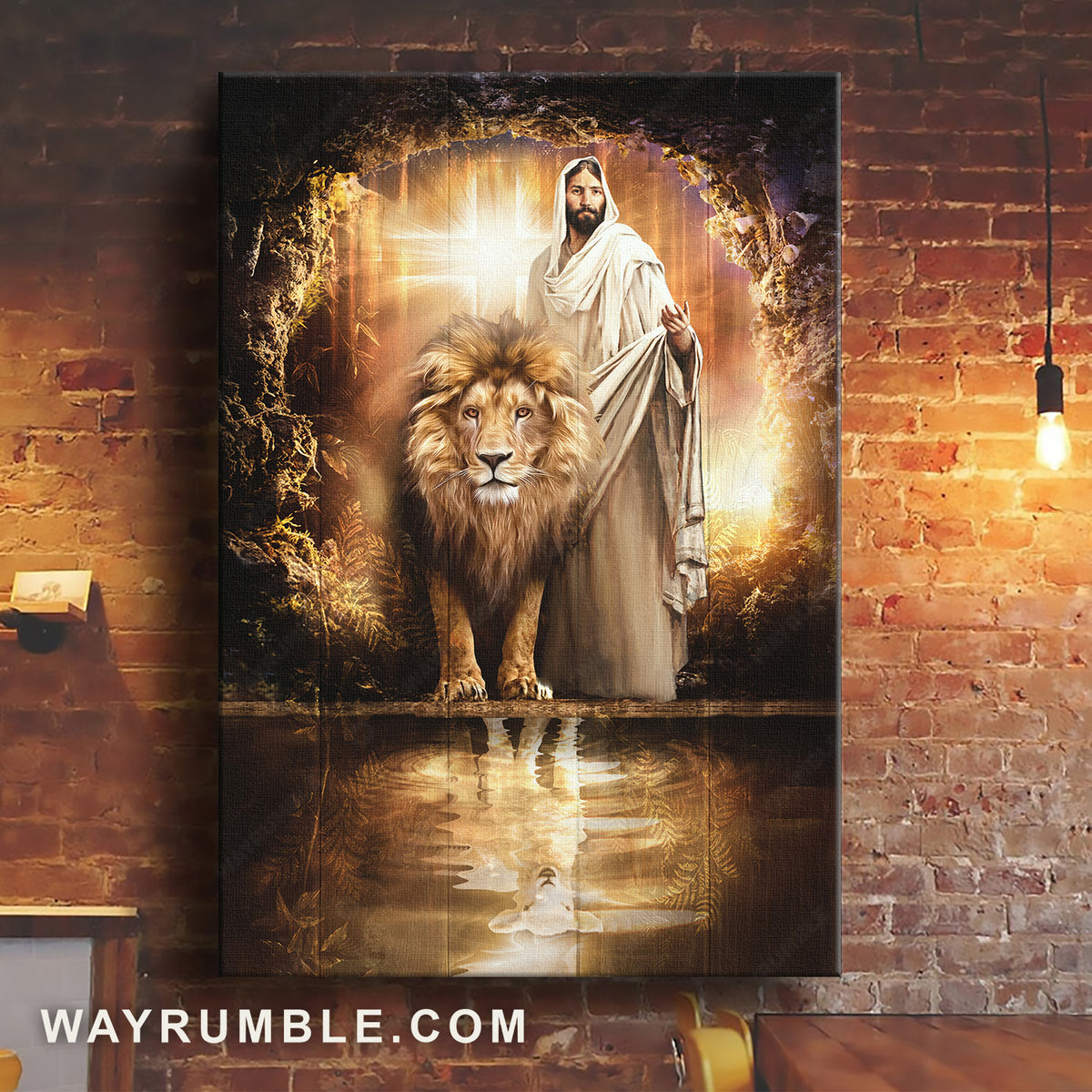 Stunning cave, Lion of Judah, Amazing Jesus painting - Jesus Portrait Canvas Prints, Home Decor Wall Art
