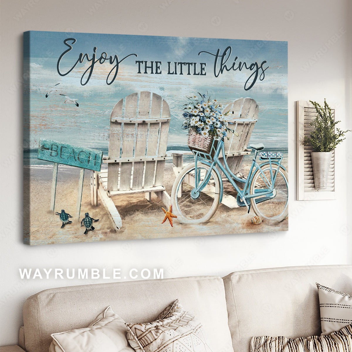 Antique chair, Blue bicycle, Beautiful ocean, Enjoy the little things - Jesus Landscape Canvas Prints, Christian Wall Art