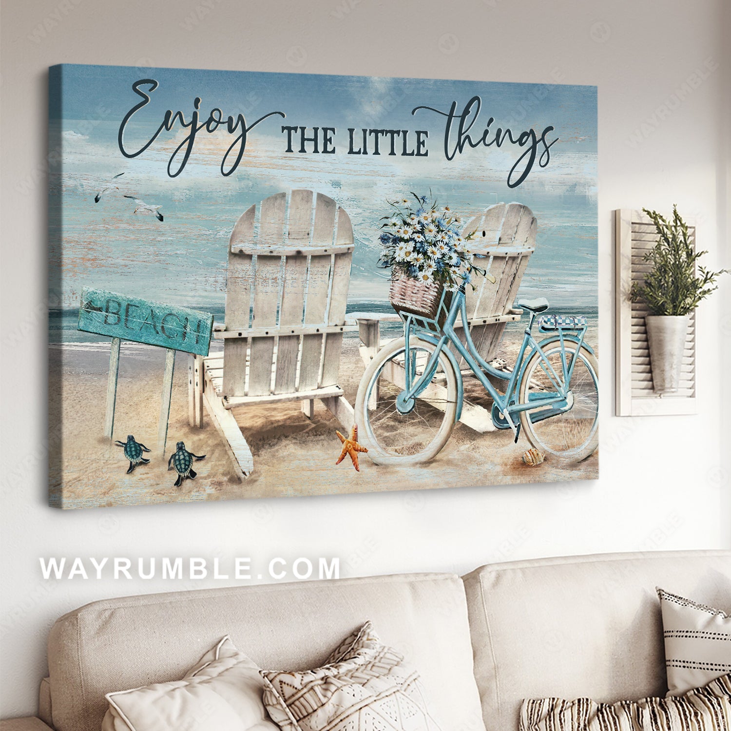 Antique chair, Blue bicycle, Beautiful ocean, Enjoy the little things - Jesus Landscape Canvas Prints, Christian Wall Art