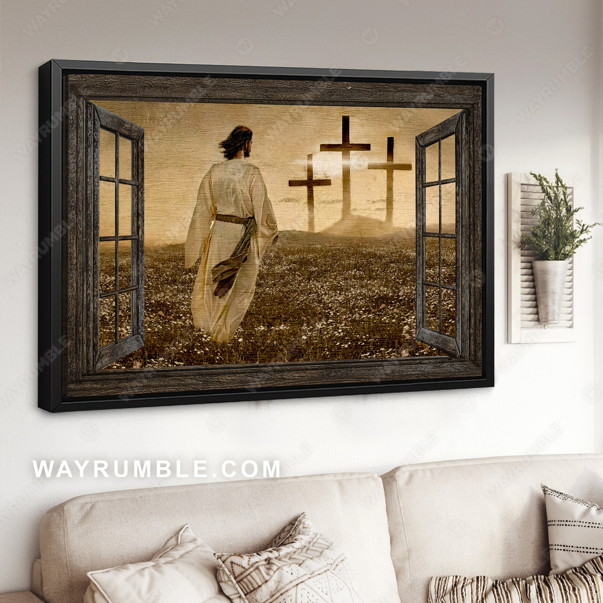 Jesus is king, Amazing sunset, Flower field, Vintage window painting - Jesus Landscape Canvas Prints, Christian Wall Art