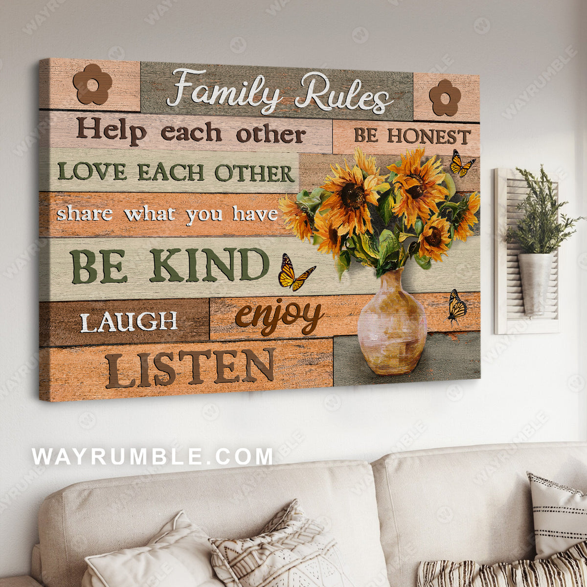 Sunflower vase, Orange butterfly, Family rules, Help each other - Jesus Landscape Canvas Prints, Christian Wall Art