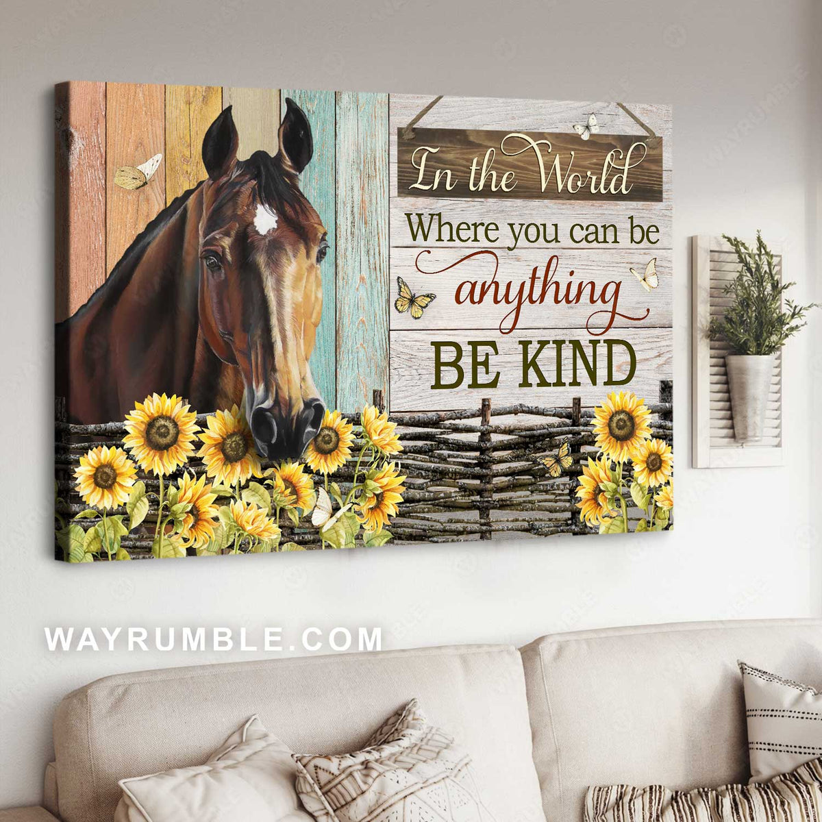 Brown horse, Sunflower fence, In the world where you can be anything - Jesus Landscape Canvas Prints, Home Decor Wall Art