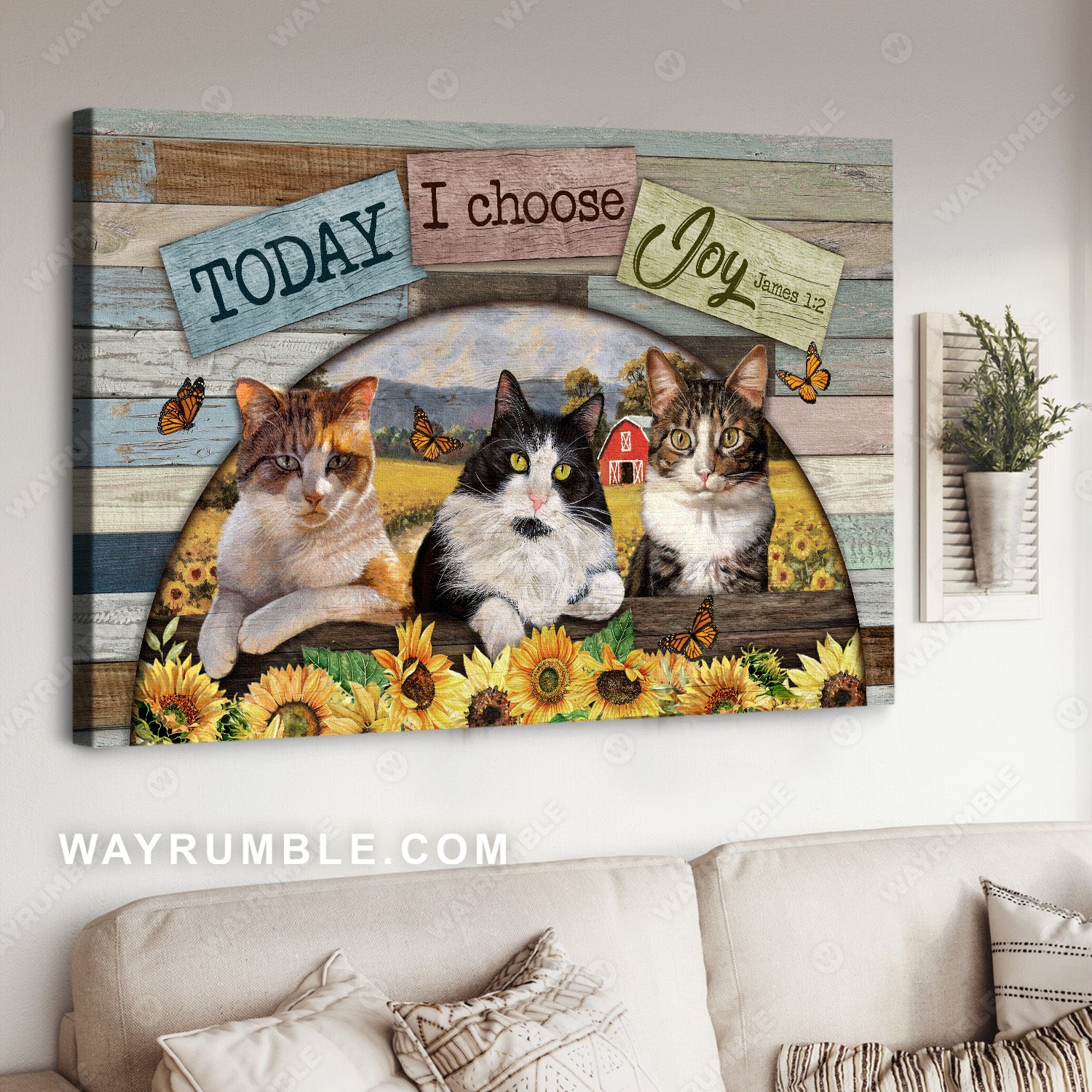 Cute cat drawing, Sunflower field, Orange butterfly, Today I choose joy - Jesus Landscape Canvas Prints, Christian Wall Art