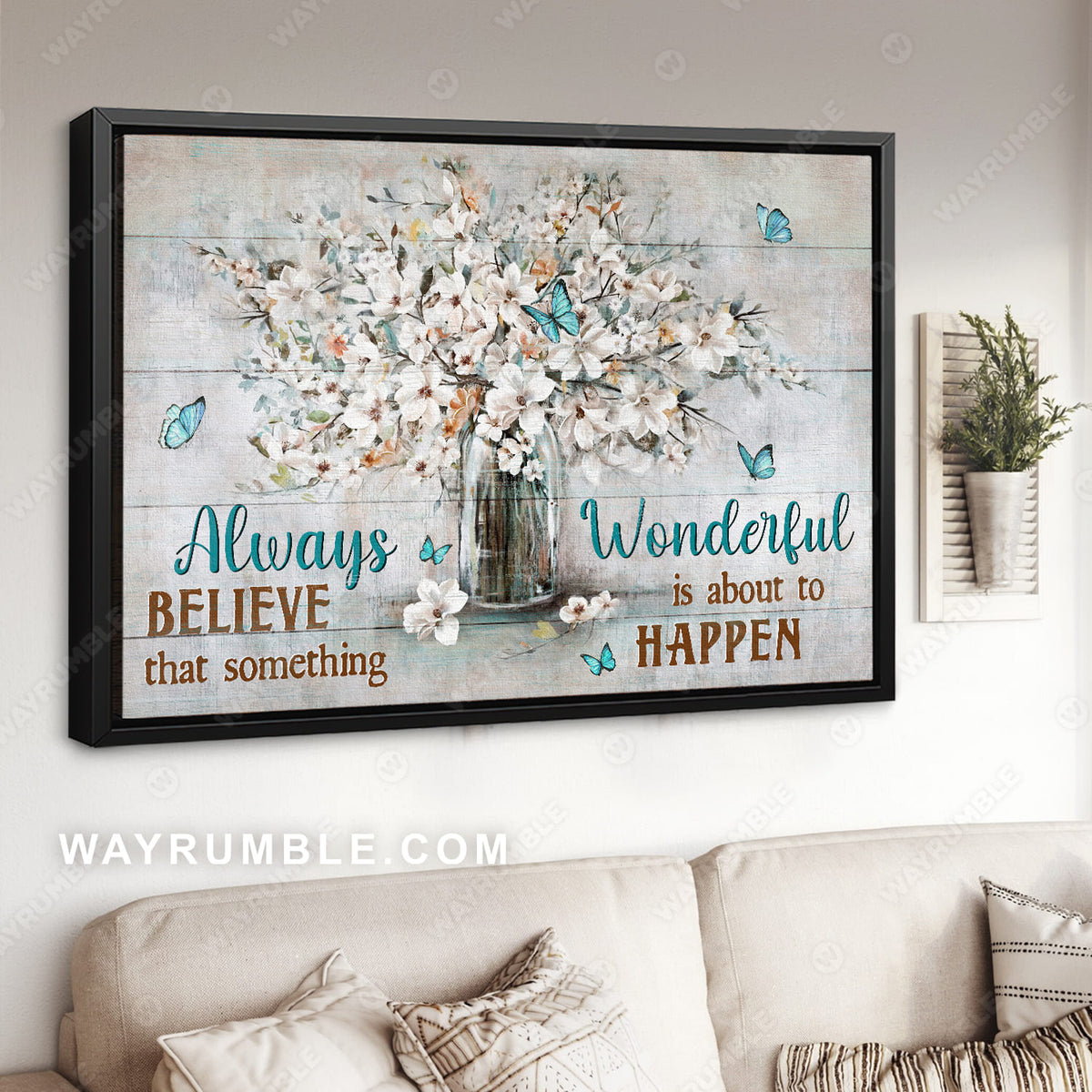 Still life painting, Jasmine flower, Butterfly, Always believe that something wonderful is about to happen - Jesus Landscape Canvas Prints, Wall Art