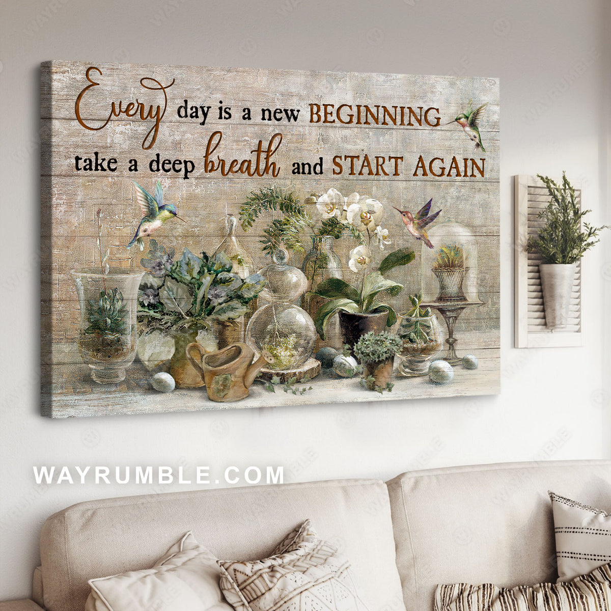 White orchids, Succulent plants, Glass cloche, Flying hummingbird, A new beginning - Jesus Landscape Canvas Prints, Christian Wall Art