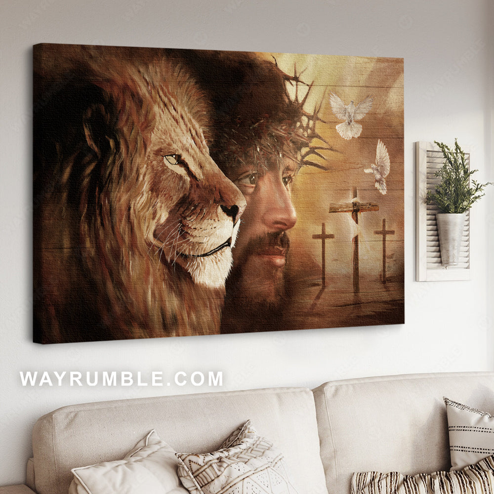 Lion of Judah, The face of Jesus, White dove drawing - Jesus Landscape Canvas Prints, Christian Wall Art