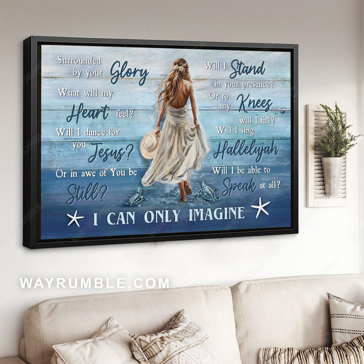 Beautiful girl, White dress, Sea turtle, Walking on water, I can only imagine - Jesus Landscape Canvas Prints, Christian Wall Art
