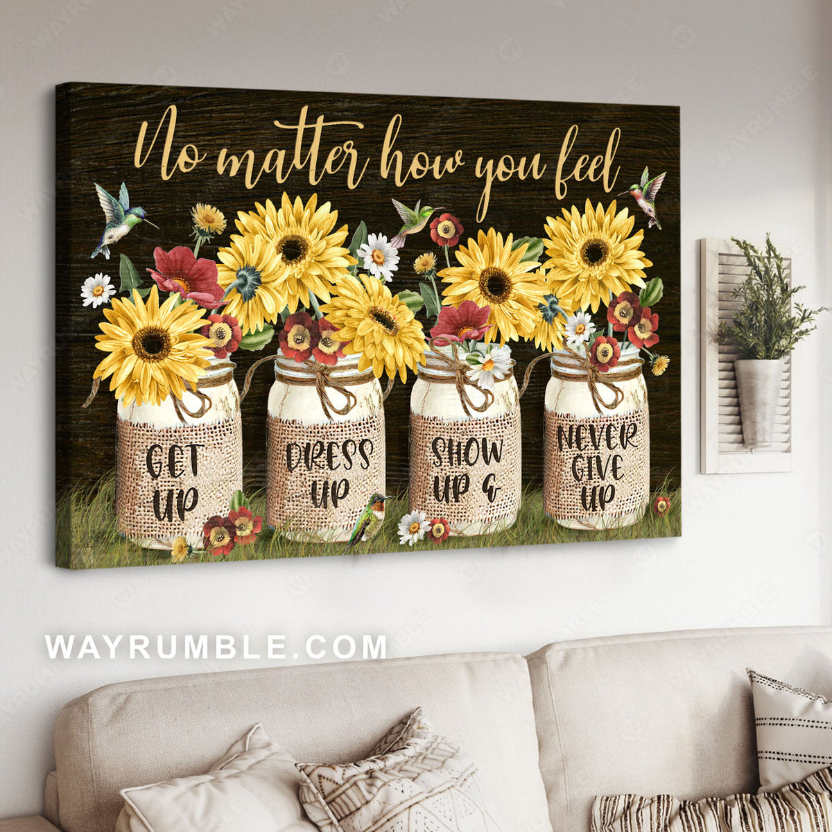 Yellow gerbera daisy, Mason jars, Hummingbirds, Never give up - Jesus Landscape Canvas Prints, Christian Wall Art