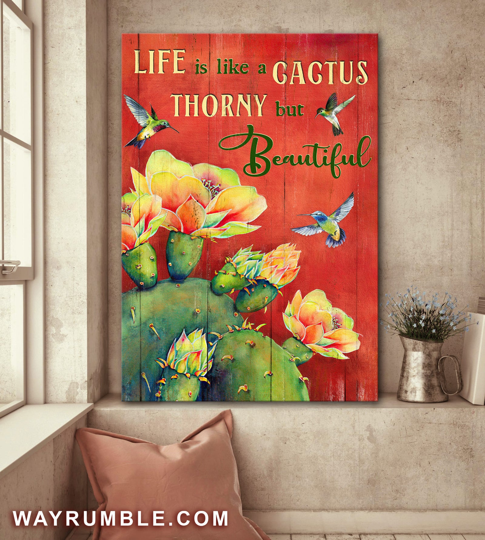 Cactus flower, Hummingbird, Life is like a cactus - Jesus Portrait Canvas Prints, Wall Art