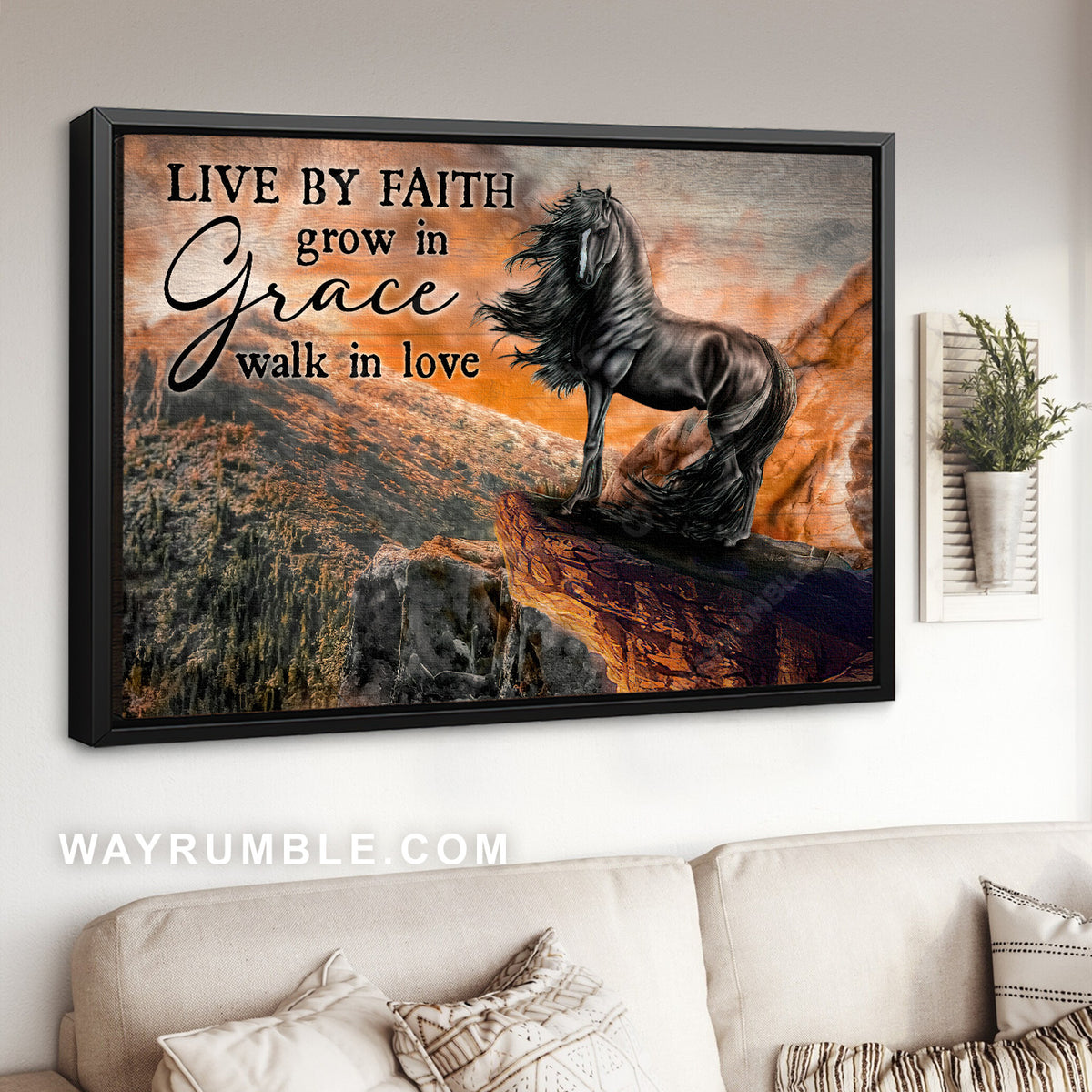 Black horse, Amazing volcano, Live by faith, Grow in grace, Walk in love - Jesus Landscape Canvas Prints, Christian Wall Art