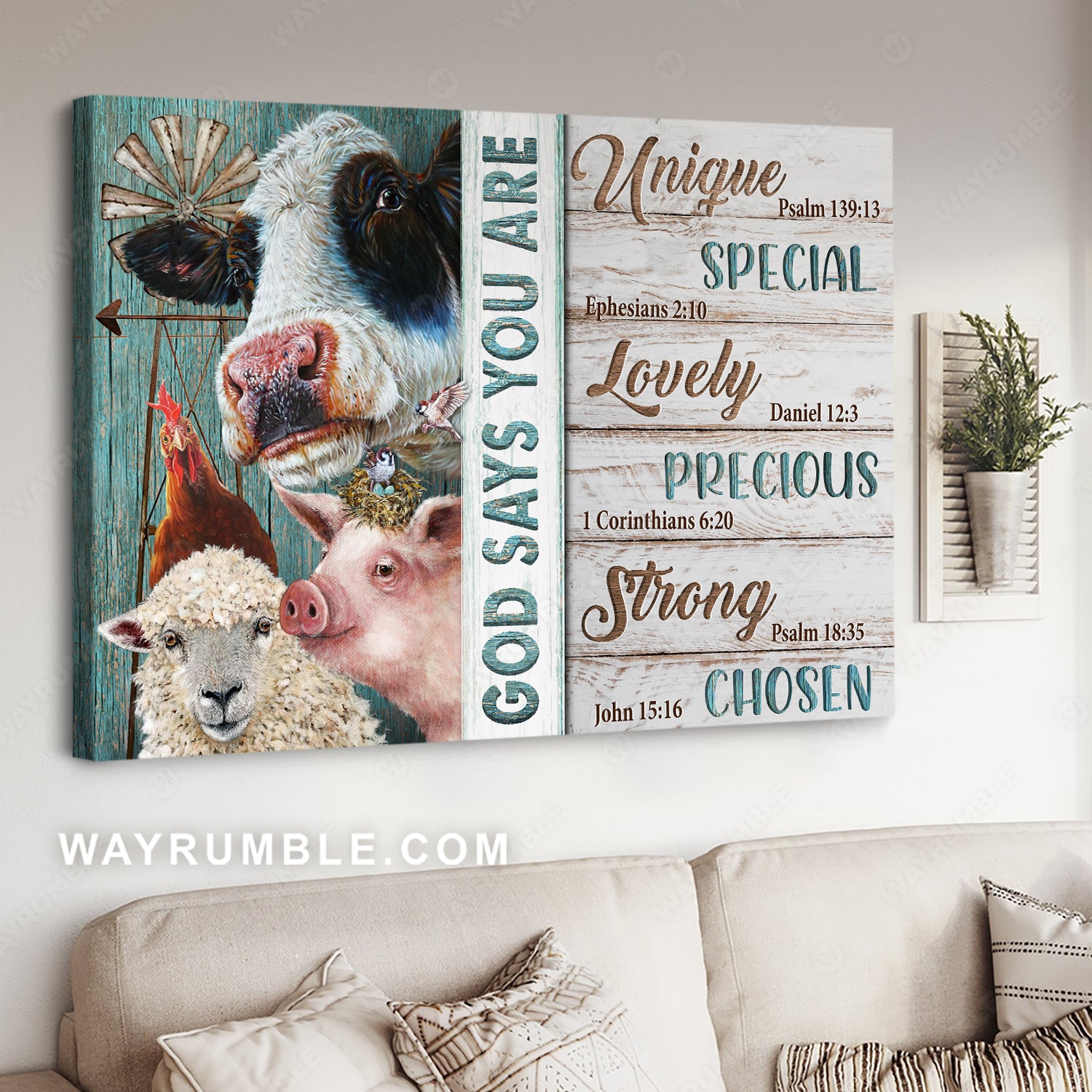 Cow's face, Cute pig, Lamb of God, Farm drawing, God says you are unique - Jesus Landscape Canvas Prints, Christian Wall Art