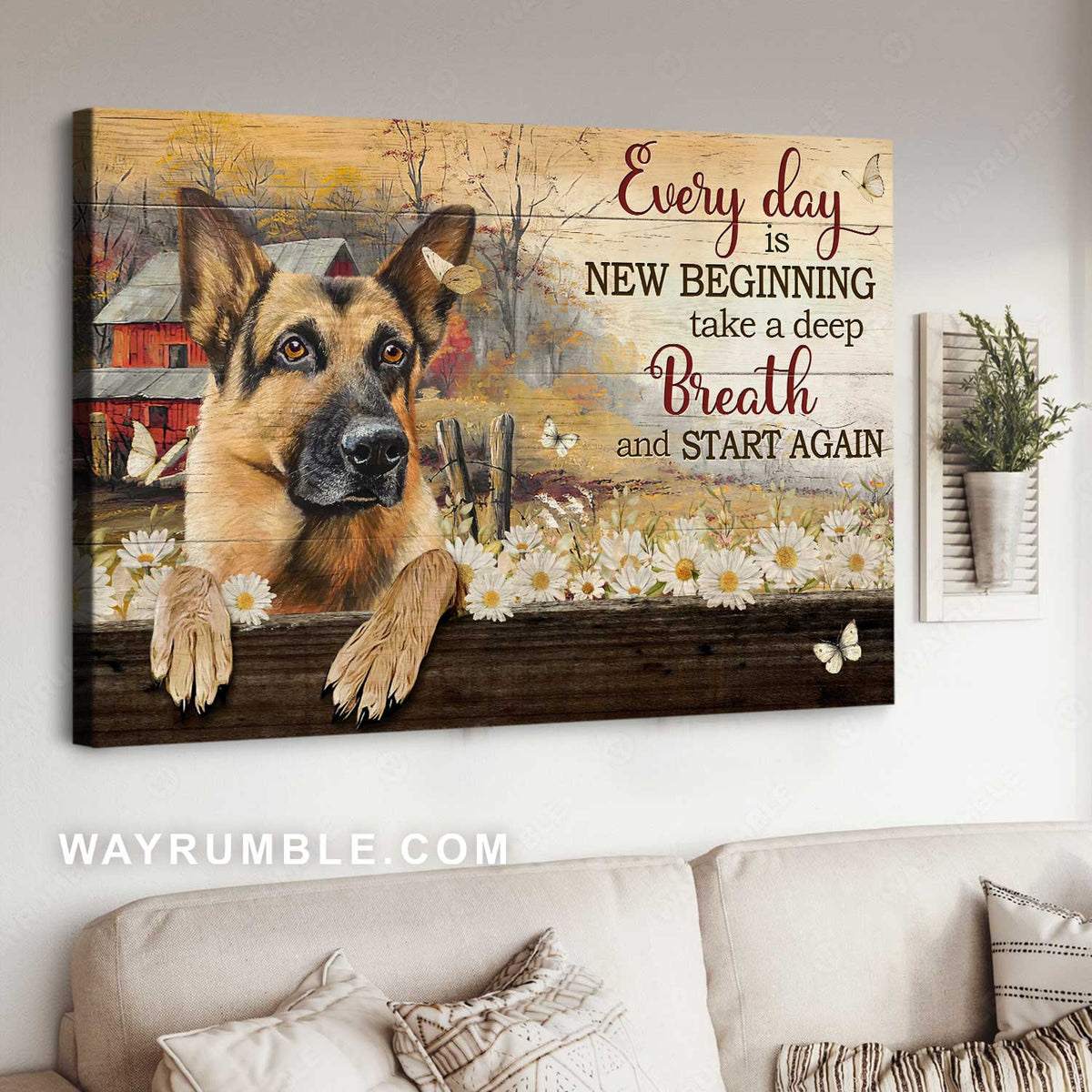 Cute German Shepherd, Pretty daisy, Every day is a new beginning - Jesus Landscape Canvas Prints, Home Decor Wall Art