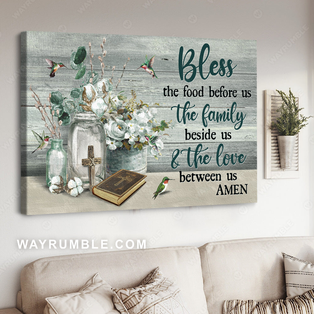 White flower, Vintage bible, Colorful hummingbird, Bless the food before us - Jesus Landscape Canvas Prints, Christian Wall Art