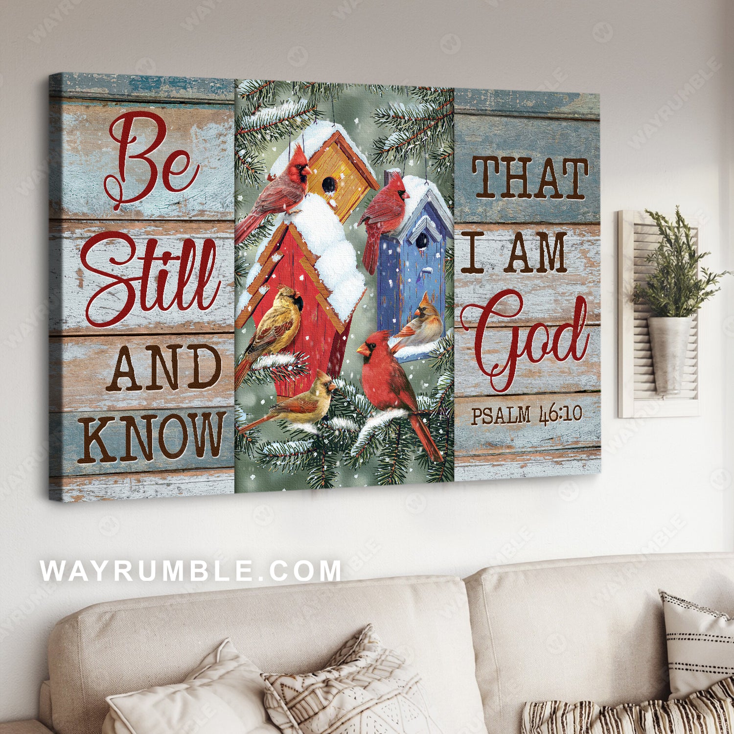 Colorful birdhouse, Beautiful cardinal, Winter, Be still and know that I am God - Jesus Landscape Canvas Prints, Home Decor Wall Art