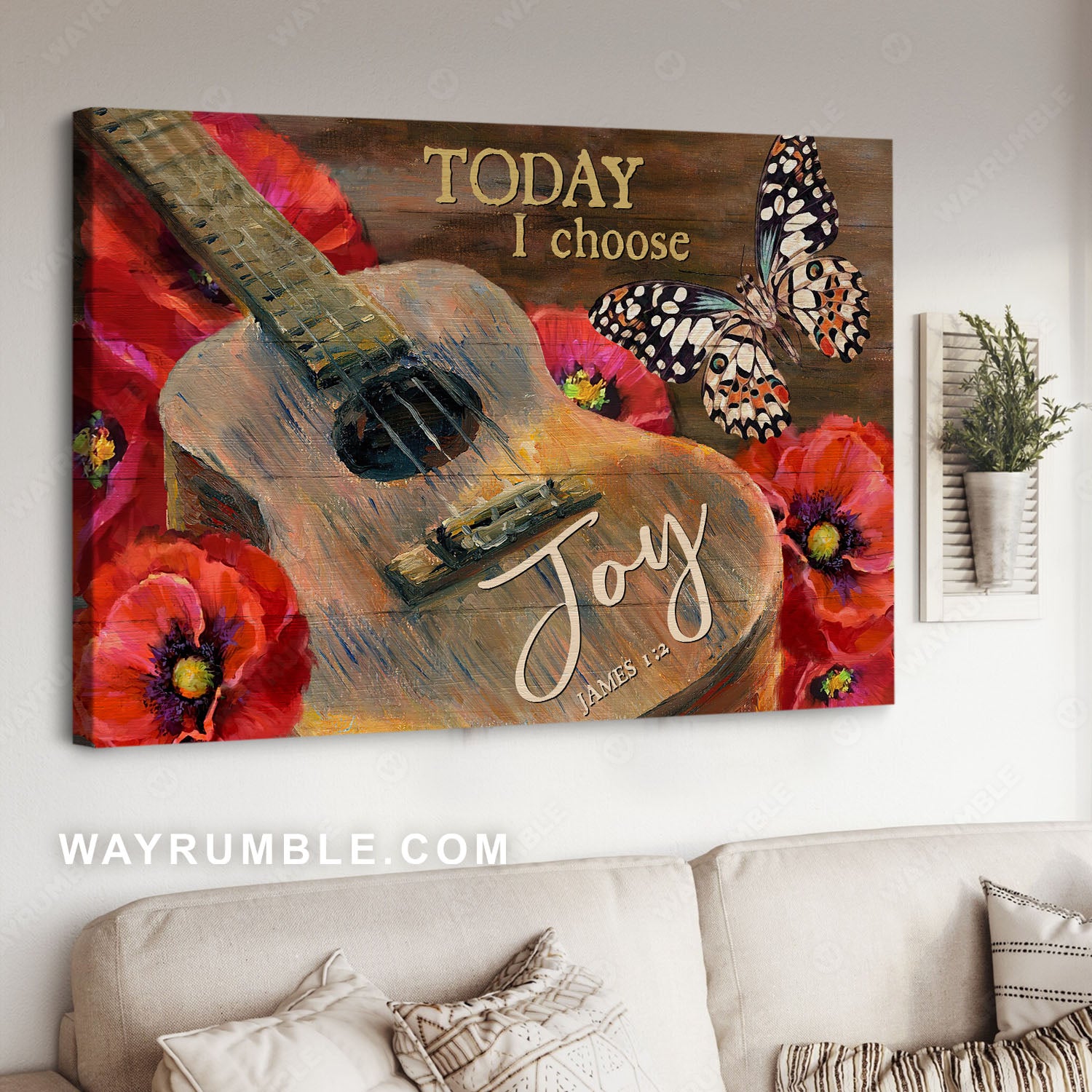 Vintage guitar, Watercolor poppy, Stunning butterfly, Today I choose joy - Jesus Landscape Canvas Prints, Christian Wall Art