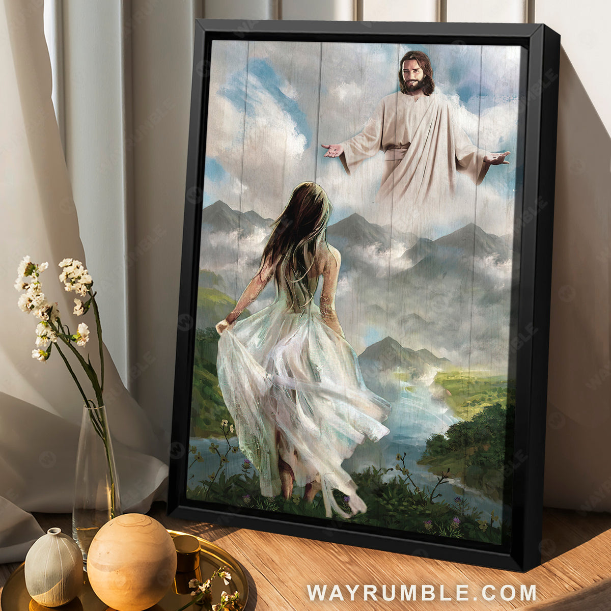 Pretty girl, White dress, The world in his arm, Walking with Jesus - Jesus Portrait Canvas Prints, Christian Wall Art