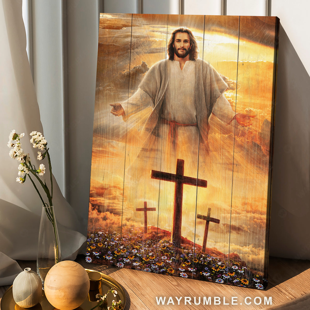 Jesus calls, Three wooden crosses, Daisy field, Heaven sky - Jesus Portrait Canvas Prints, Christian Wall Art