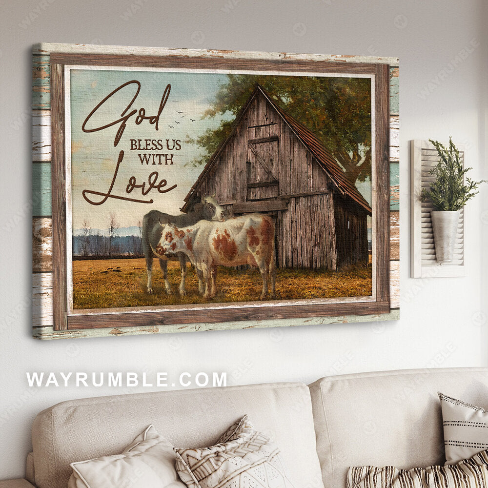 Brown spotted cow, Farm painting, Wooden house, God bless us with love - Jesus Landscape Canvas Prints, Christian Wall Art