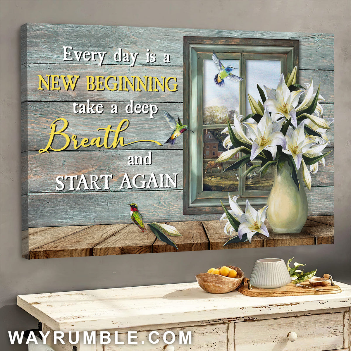 Lily flower, Hummingbird, Everyday is a new beginning - Jesus Landscape Canvas Prints, Wall Art