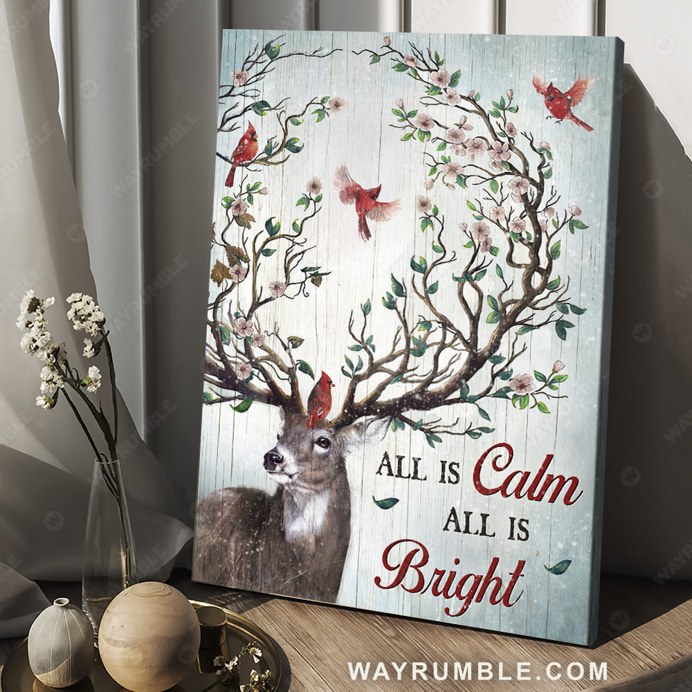 Deer painting, Red cardinal, Spring drawing, All is calm all is bright - Jesus Portrait Canvas Prints, Christian Wall Art