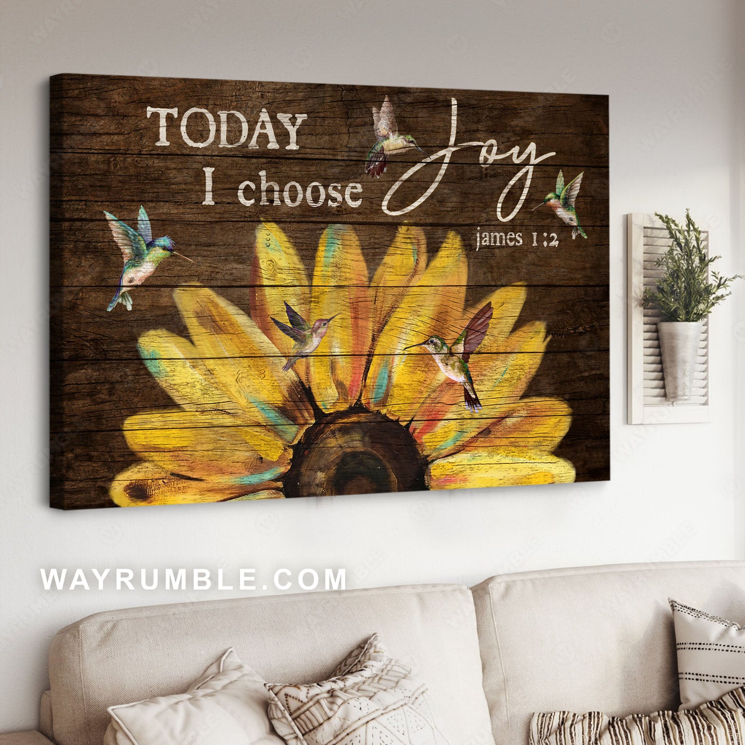 Sunflower painting, Colorful hummingbirds, Today I choose joy - Jesus Landscape Canvas Prints, Christian Wall Art