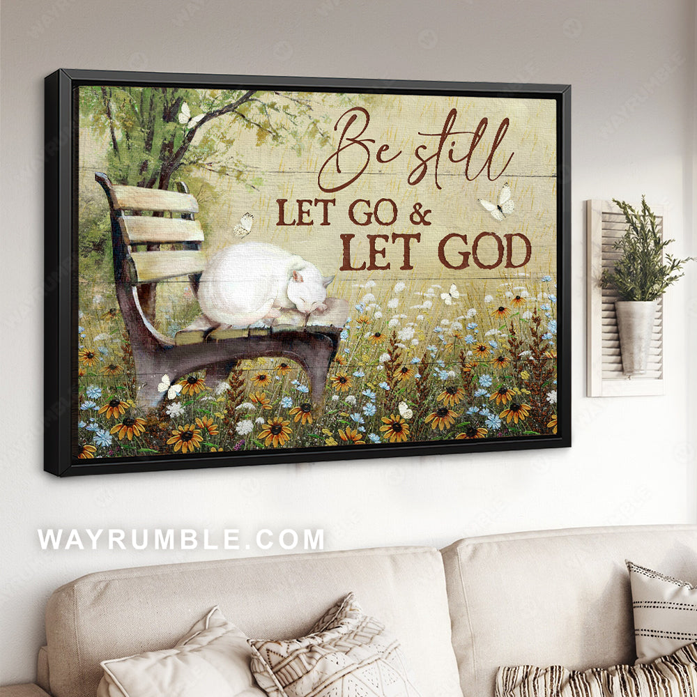 White cat, Baby flower field, Green park, be still let go and let God - Jesus Landscape Canvas Prints, Christian Wall Art
