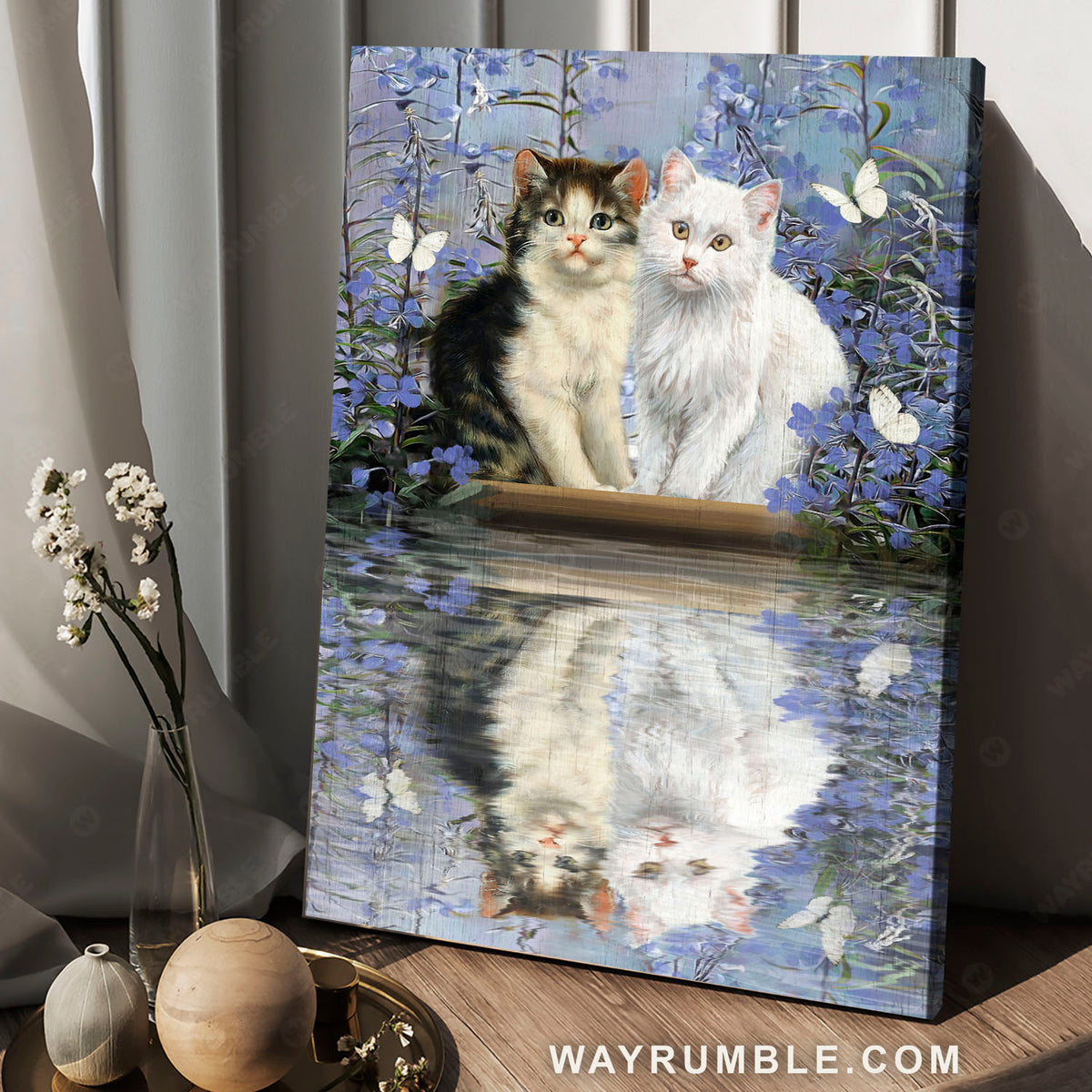 Cute kittens, Water reflection, Campanula flower - Jesus Portrait Canvas Prints, Christian Wall Art