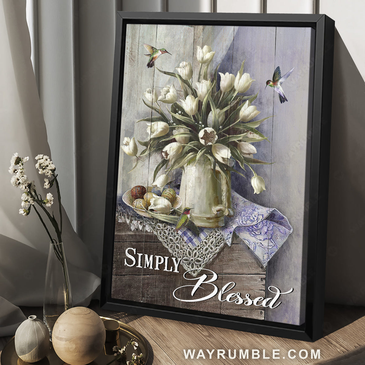 Beautiful tulip vase, Colorful hummingbird, Still life painting, Simply blessed - Jesus Portrait Canvas Prints, Christian Wall Art