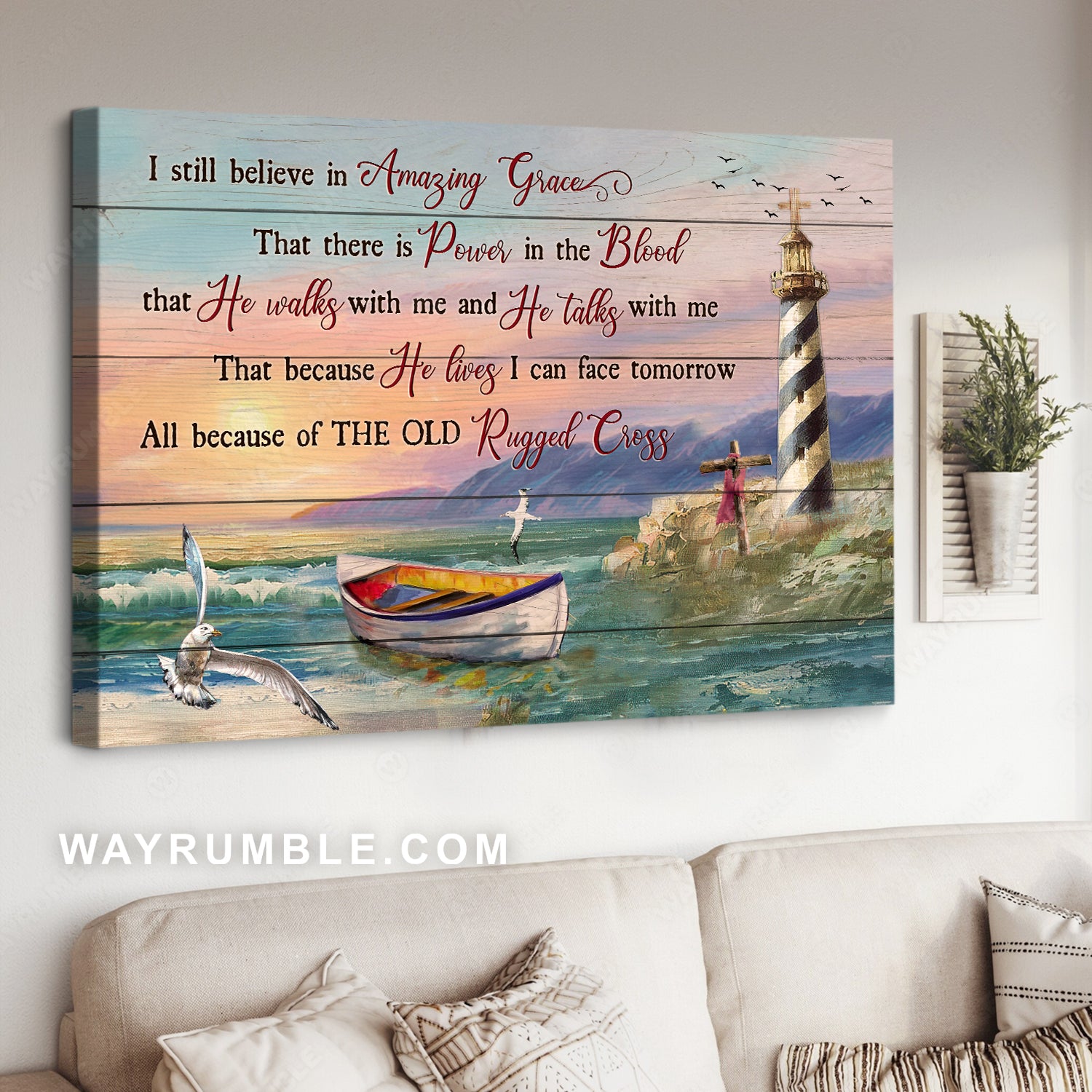 Sunset scene, Stunning ocean, Lighthouse, I still believe in amazing grace - Jesus Landscape Canvas Prints, Home Decor Wall Art