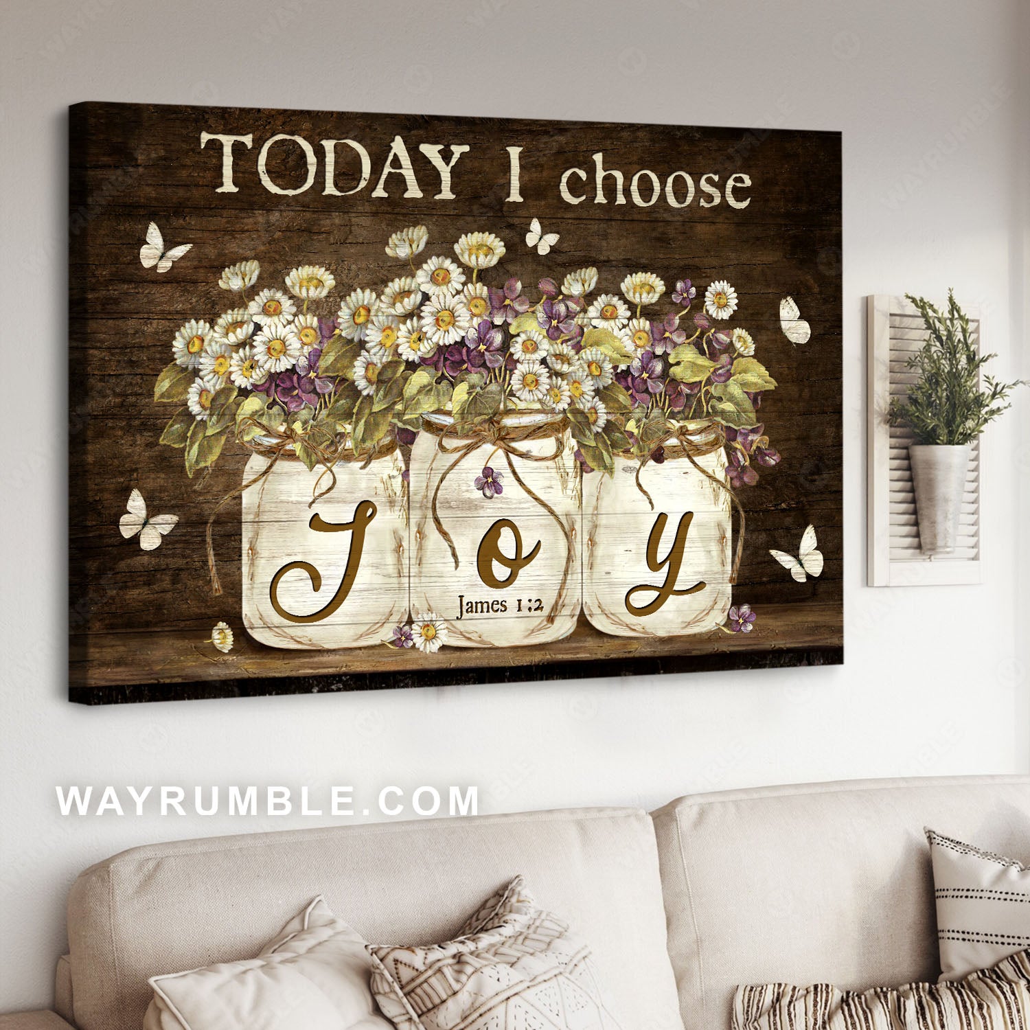 White daisy, Purple flower, Mason jars, Today I choose joy - Jesus Landscape Canvas Prints, Christian Wall Art