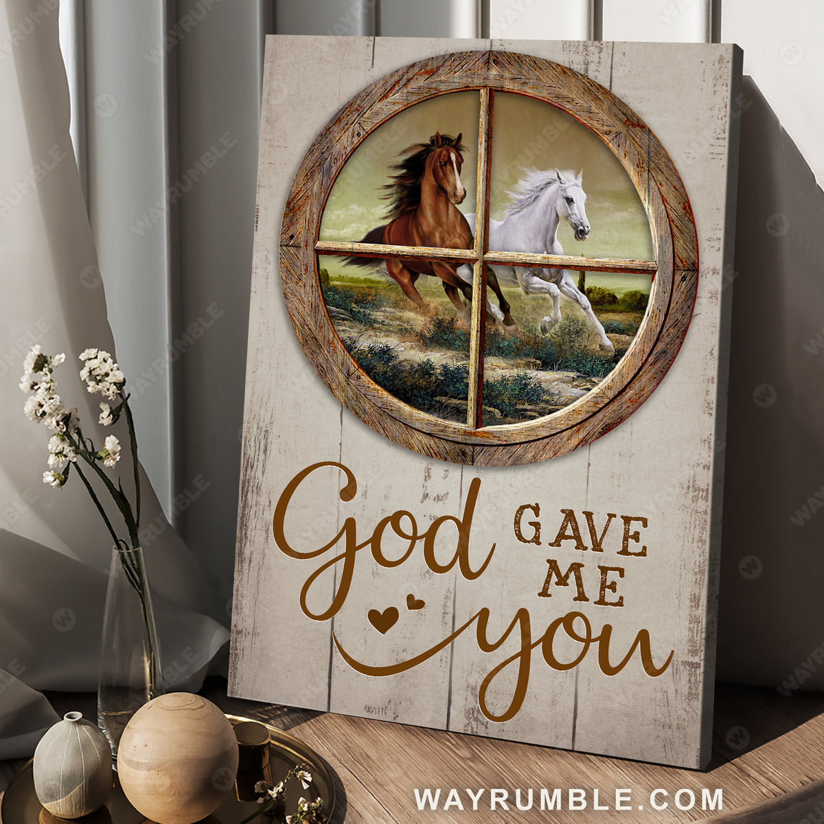 Running horses, Circle window, Green meadow, God gave me you - Jesus Portrait Canvas Prints, Christian Wall Art