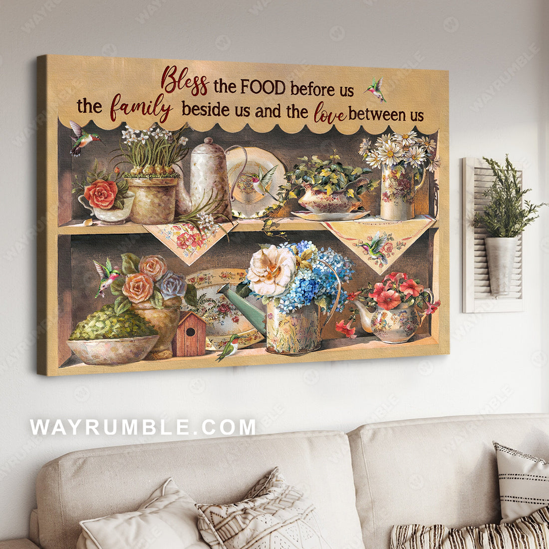 Brilliant garden, Colorful flower, Cute hummingbird, Bless the food before us - Jesus Landscape Canvas Prints, Christian Wall Art