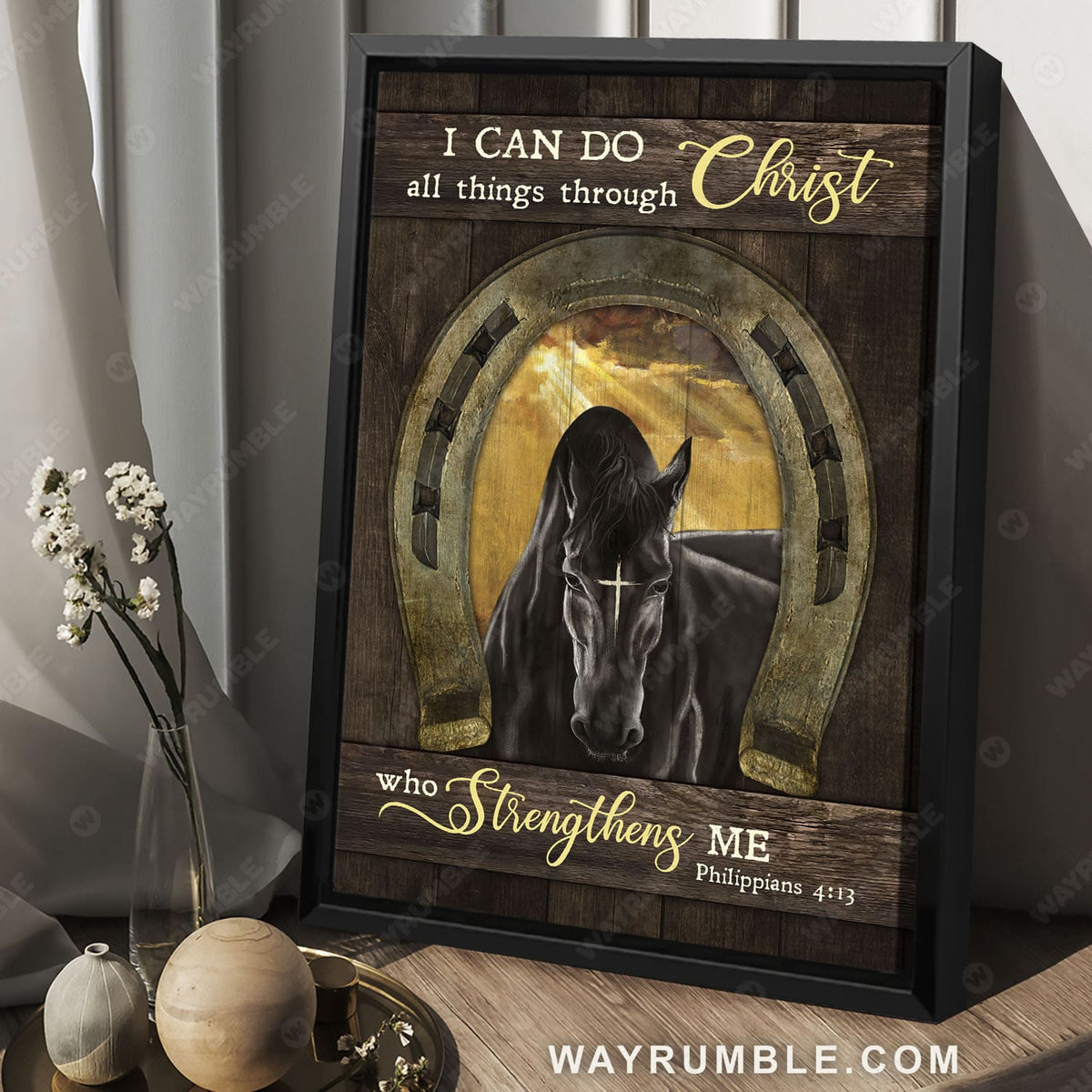 Black horse, Golden horseshoe, I can do all things through Christ who strengthens me - Jesus Portrait Canvas Prints, Christian Wall Art