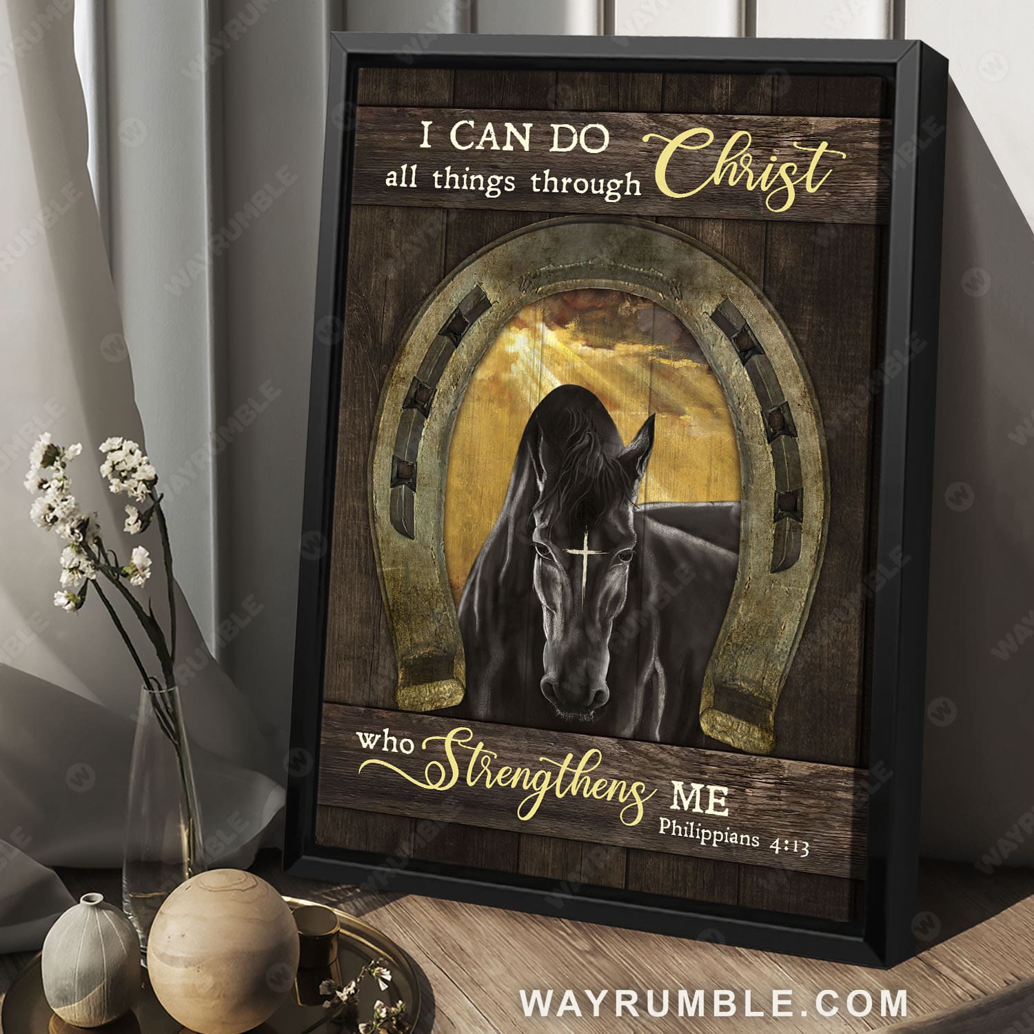 Black horse, Golden horseshoe, I can do all things through Christ who strengthens me - Jesus Portrait Canvas Prints, Christian Wall Art