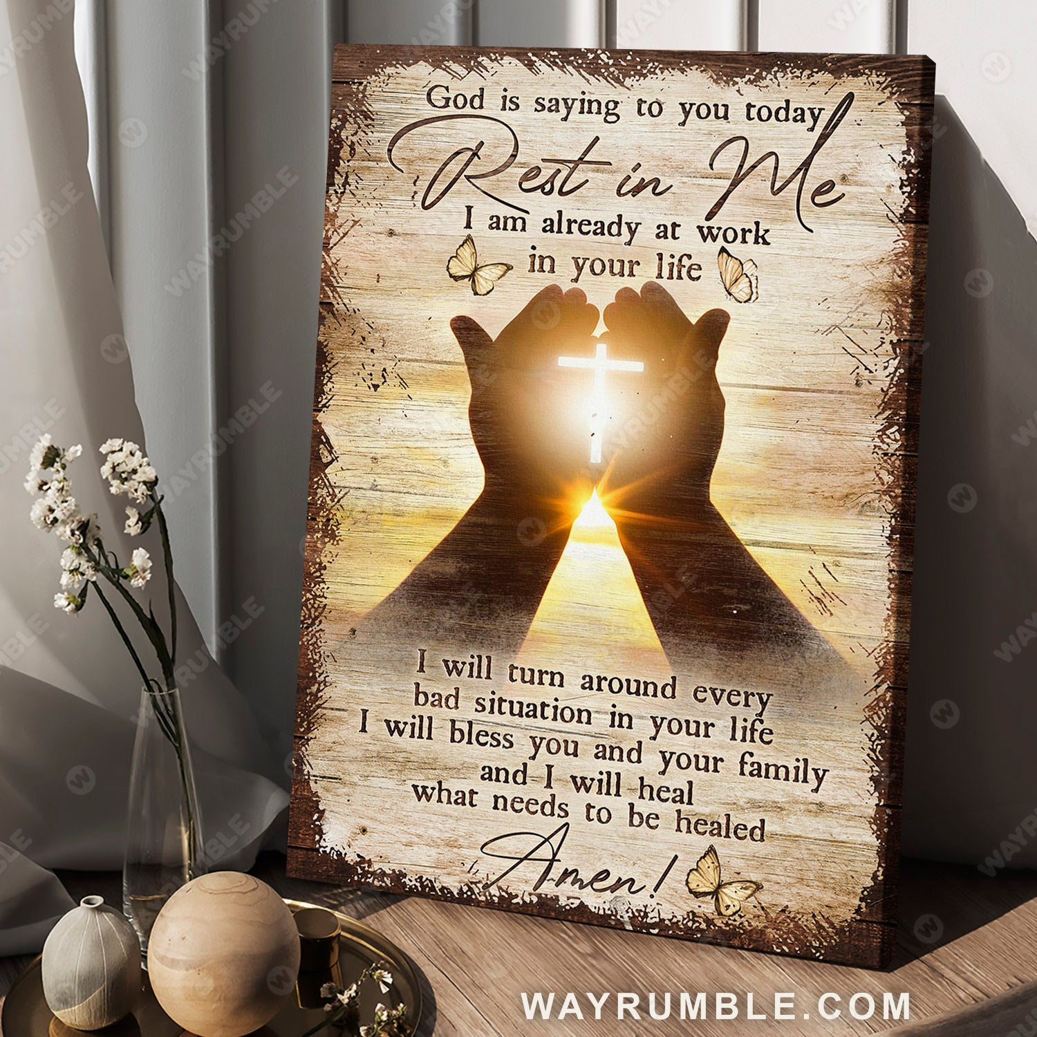 Cross light, Jesus hand, Sunset Painting, Butterfly, God is saying to you today, Rest in me - Jesus Portrait Canvas Prints, Wall Art