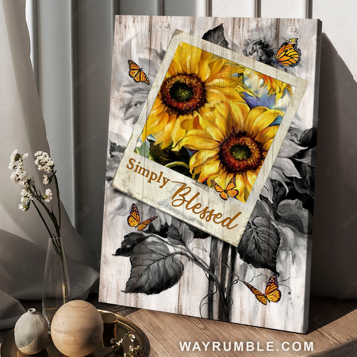 Sunflower painting, Yellow butterfly, Polaroid frame, Simply blessed - Jesus Portrait Canvas Prints, Christian Wall Art