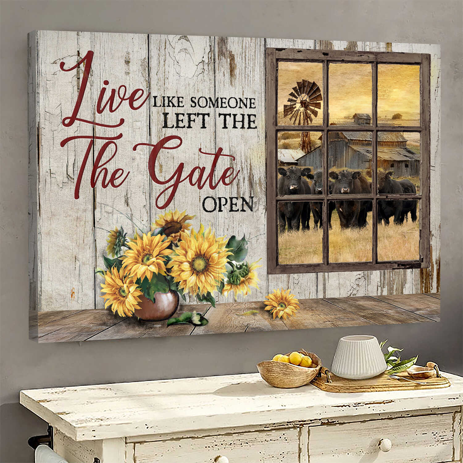 Window, Sunflower, Aberdeen Angus, Tranquil farm, Live like someone left the gate open - Farm Landscape Canvas Prints, Wall Art
