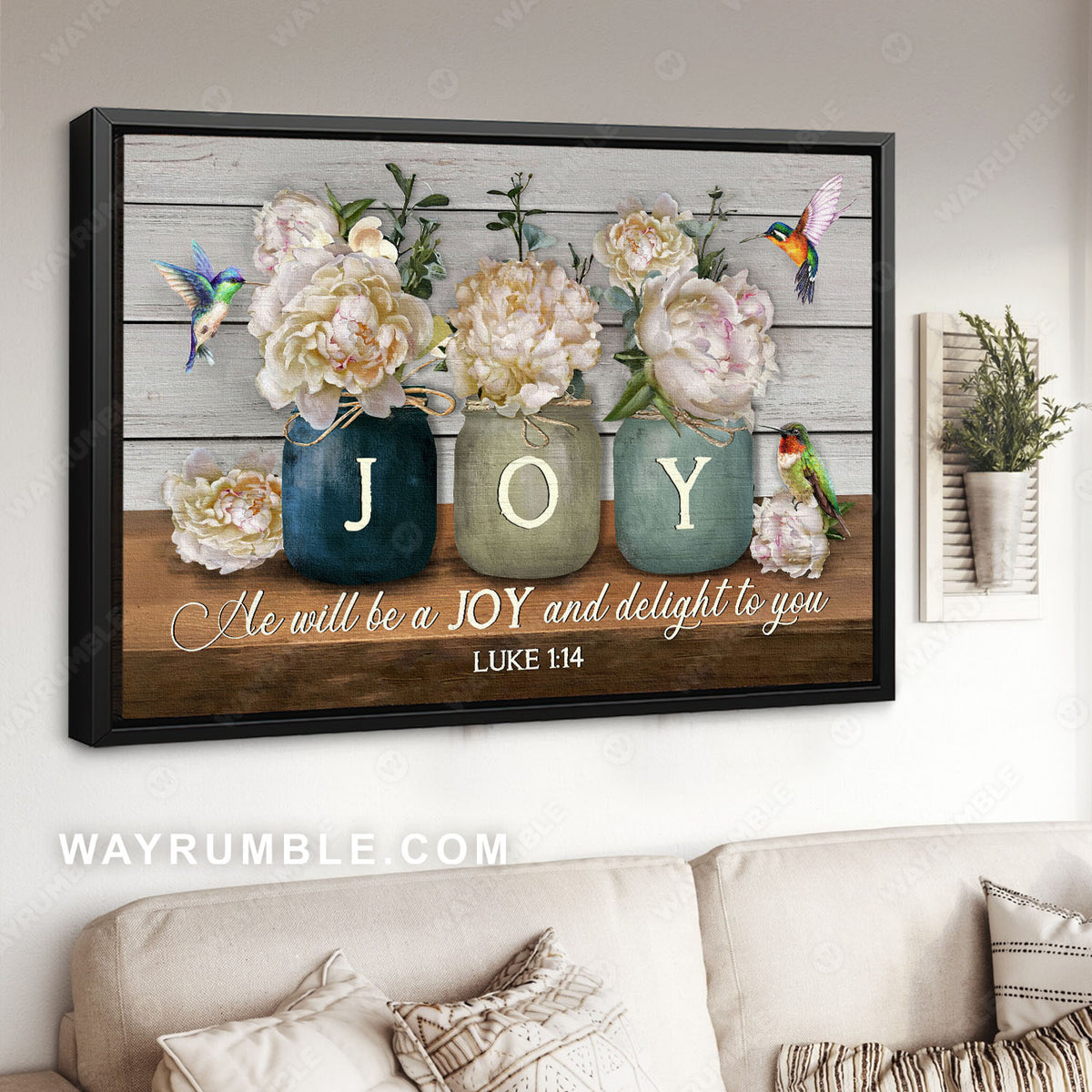 White flower, Mason jar, Humming bird, He will be a joy and delight to you - Jesus Landscape Canvas Prints, Christian Wall Art