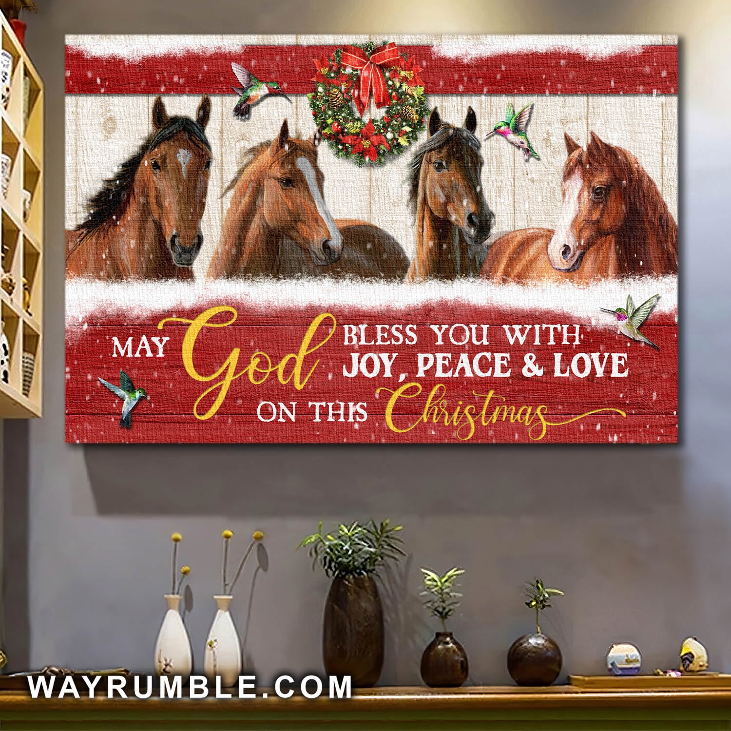 Stunning horses drawing, Christmas wreath, May God bless you with joy - Jesus Landscape Canvas Prints, Wall Art