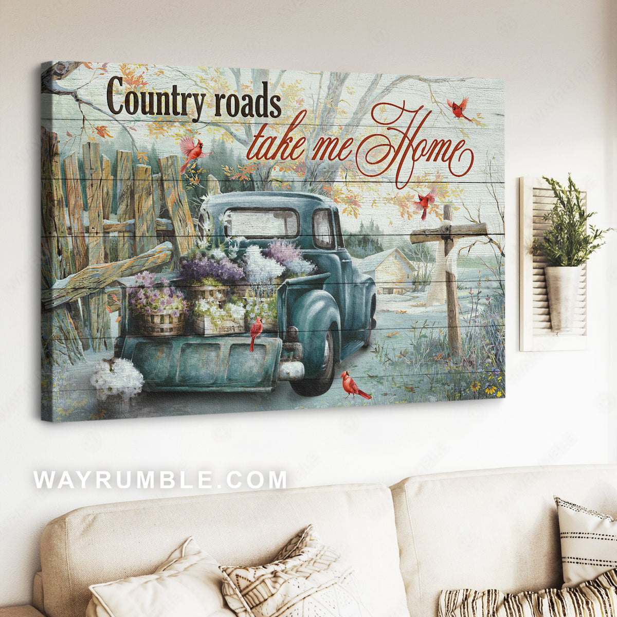 Pretty flower vase, Blue ladybug car, Red cardinal, Country roads take me home - Jesus Landscape Canvas Prints, Home Decor Wall Art
